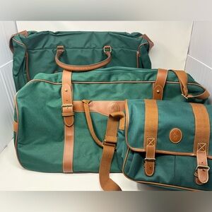 RALPH LAUREN POLO 3 Piece Soft Luggage Canvas Set Hunter Green Leather VTG NEW